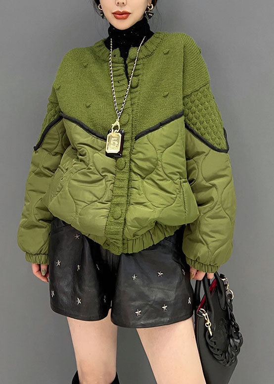 Green O Neck Knit Patchwork Cotton Filled Jackets Winter