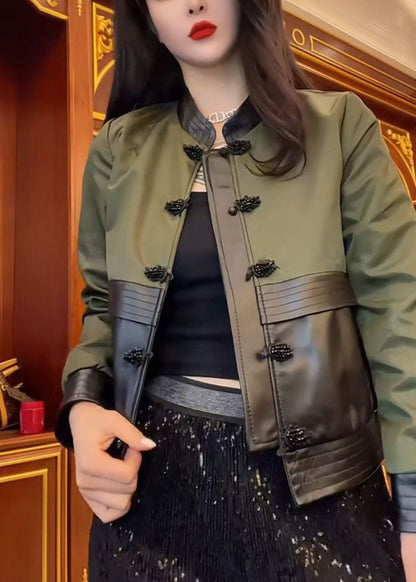 Green O-neck Patchwork Button Leather Jacket Fall