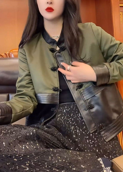 Green O-neck Patchwork Button Leather Jacket Fall