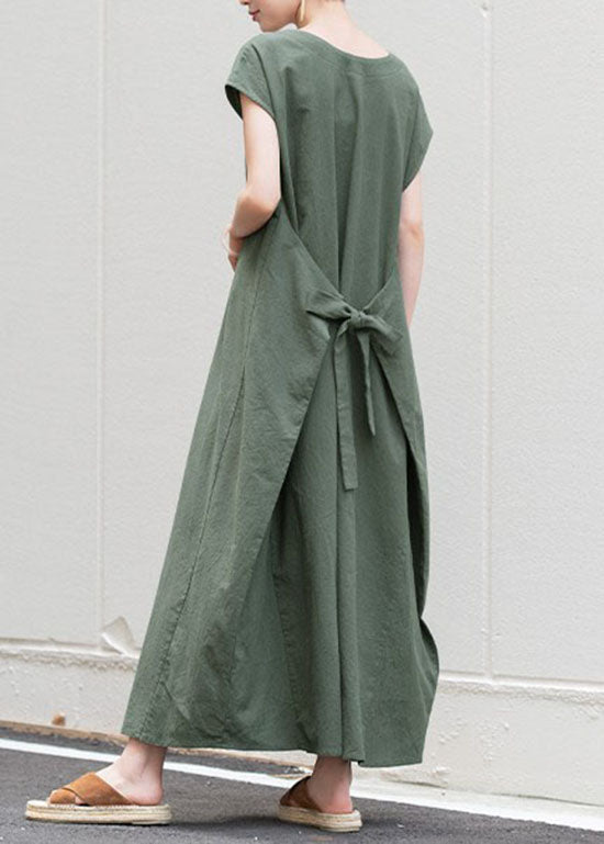 Green O Neck Patchwork Cotton Dress Short Sleeve
