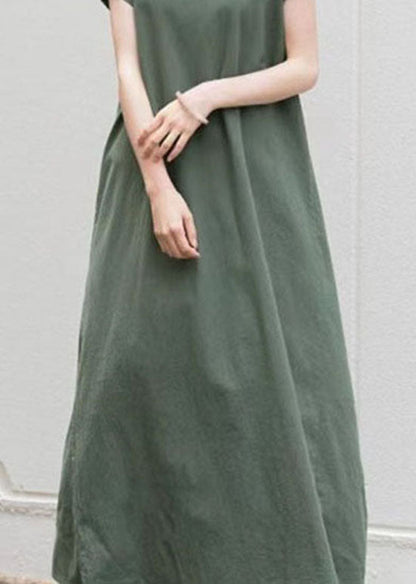 Green O Neck Patchwork Cotton Dress Short Sleeve