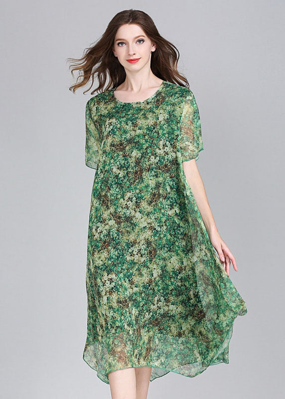 Green O Neck Print Patchwork Chiffon Dress Summer