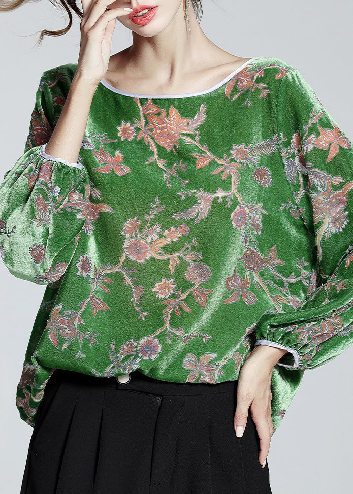 Green O-neck Print Velour Top Spring