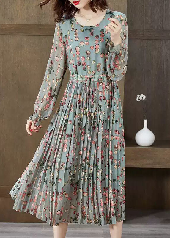 Green O-neck Tie Waist Wrinkled Chiffon Maxi Dresses Spring