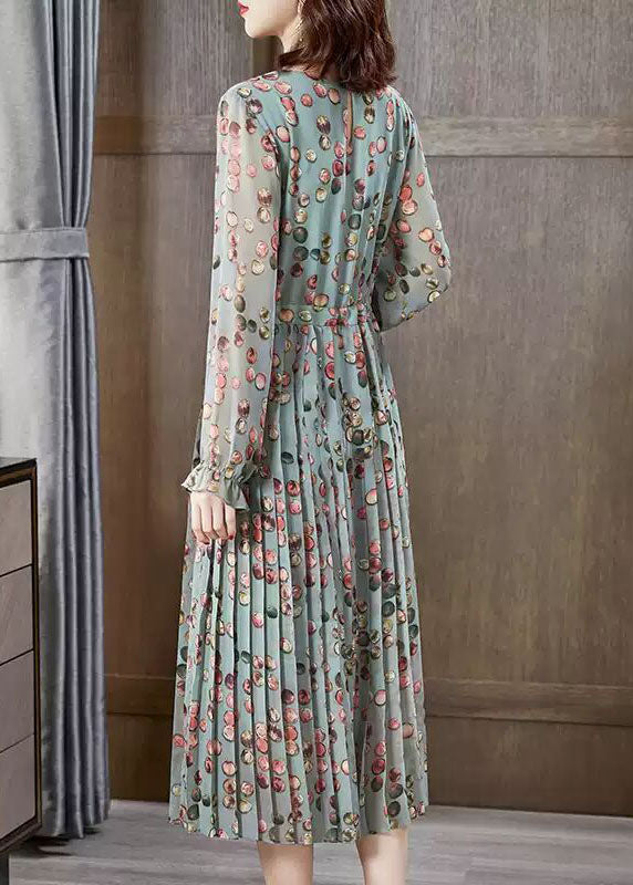 Green O-neck Tie Waist Wrinkled Chiffon Maxi Dresses Spring
