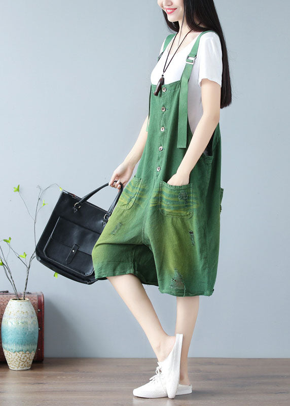 Green Oversized Cotton Ripped Jumpsuits Shorts Summer