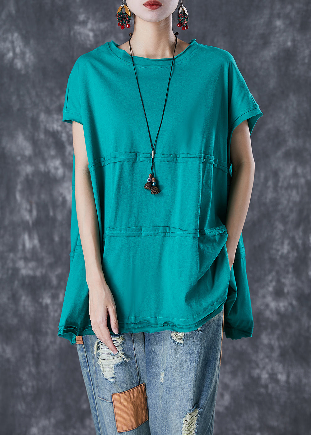Green Oversized Patchwork Cotton Top Summer