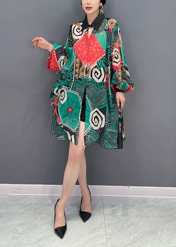 Green Oversized Print Chiffon Long Shirts Spring
