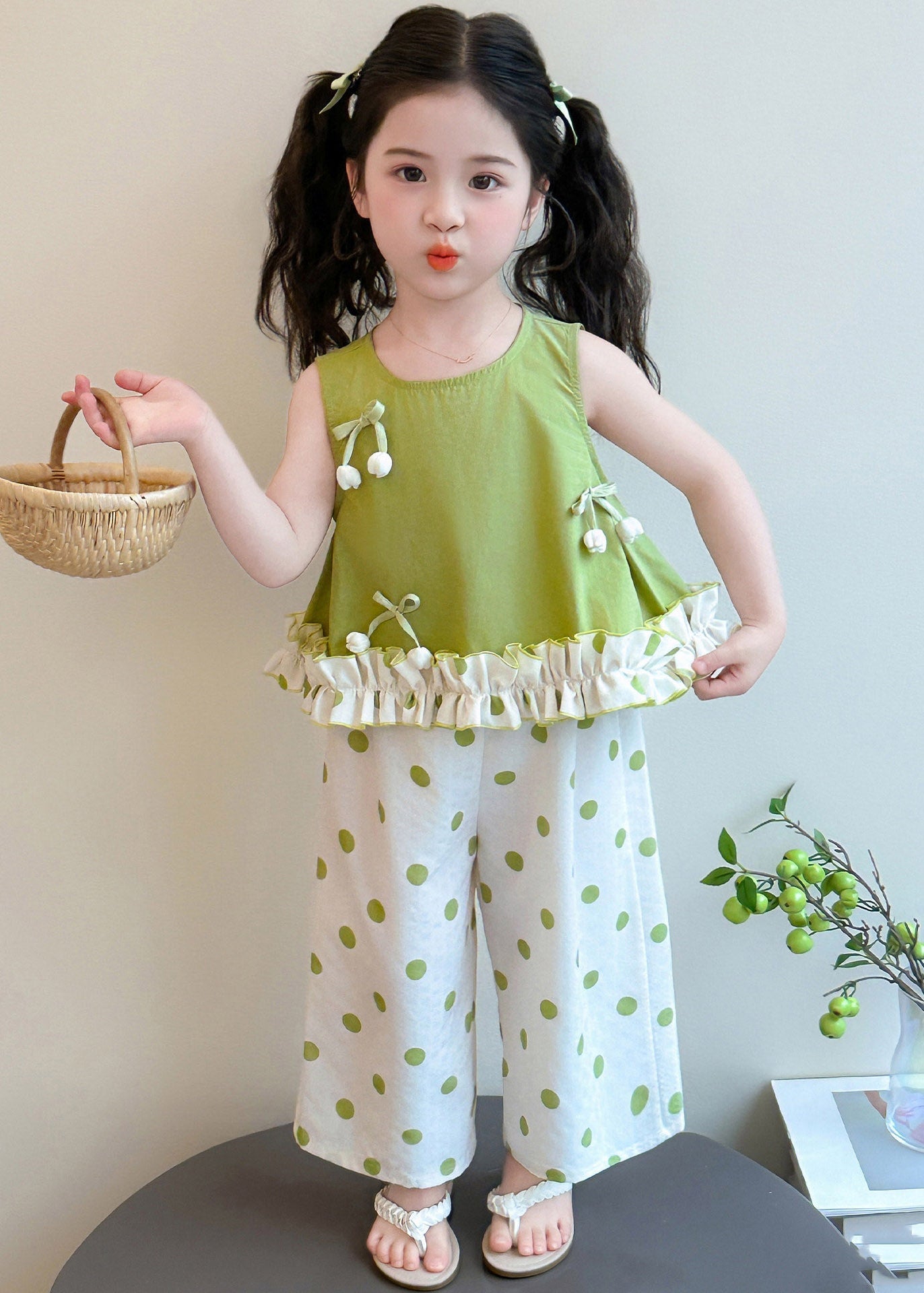 Green Patchwork Kids Vest and Crop Pants Two Pieces Set Sleeveless