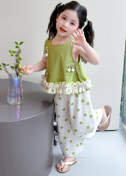 Green Patchwork Kids Vest and Crop Pants Two Pieces Set Sleeveless