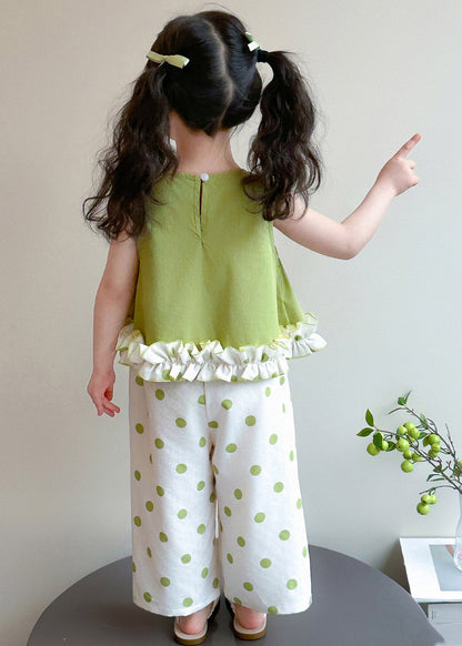 Green Patchwork Kids Vest and Crop Pants Two Pieces Set Sleeveless