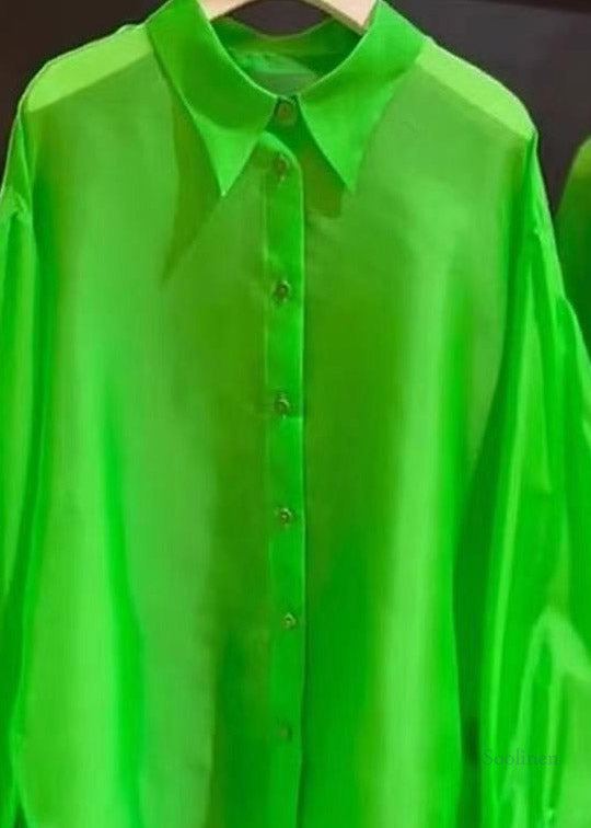 Green Peter Pan Collar Low High Design Silk Shirt Spring