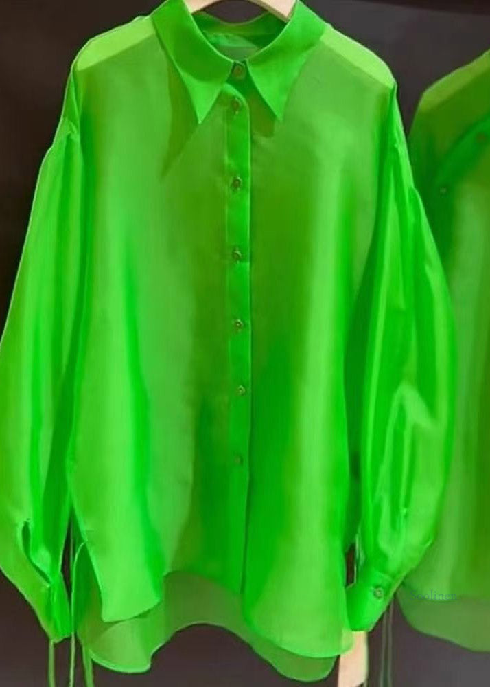 Green Peter Pan Collar Low High Design Silk Shirt Spring