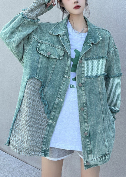 Green Peter Pan Collar Patchwork Denim Jacket Spring