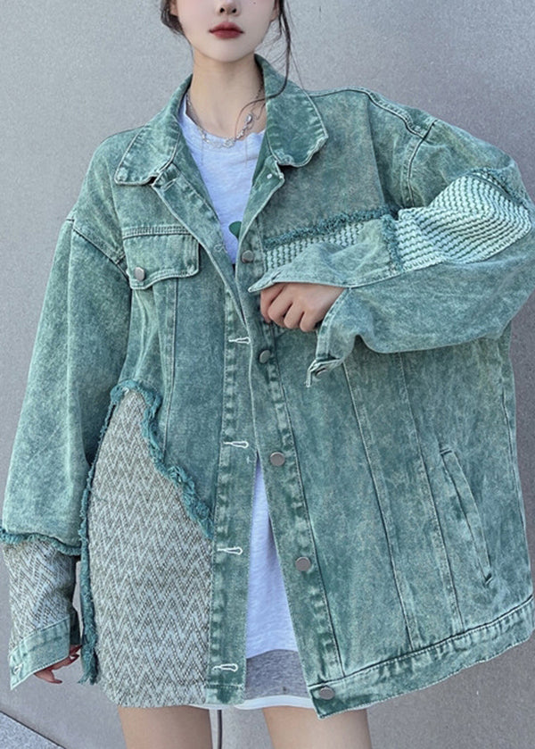 Green Peter Pan Collar Patchwork Denim Jacket Spring