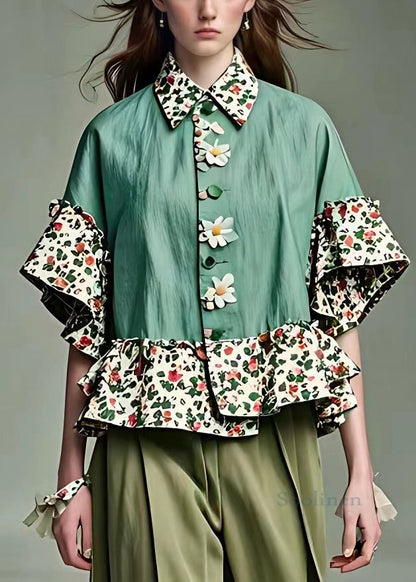 Green Peter Pan Collar Print Cotton Blouses Half Sleeve
