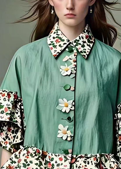 Green Peter Pan Collar Print Cotton Blouses Half Sleeve