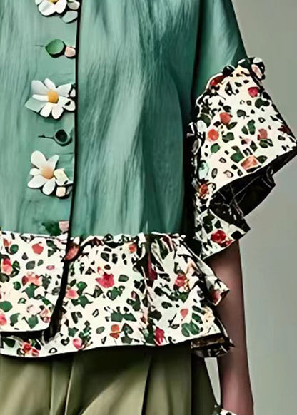 Green Peter Pan Collar Print Cotton Blouses Half Sleeve