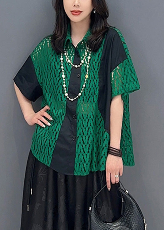 Green Peter Pan Collar Print Patchwork Button Shirts Short Sleeve