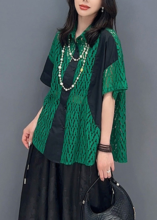 Green Peter Pan Collar Print Patchwork Button Shirts Short Sleeve