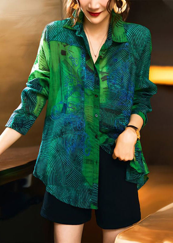 Green Peter Pan Collar Print Patchwork Cotton Shirts Long Sleeve