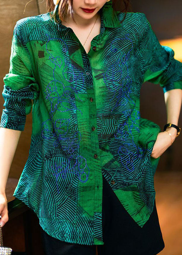 Green Peter Pan Collar Print Patchwork Cotton Shirts Long Sleeve