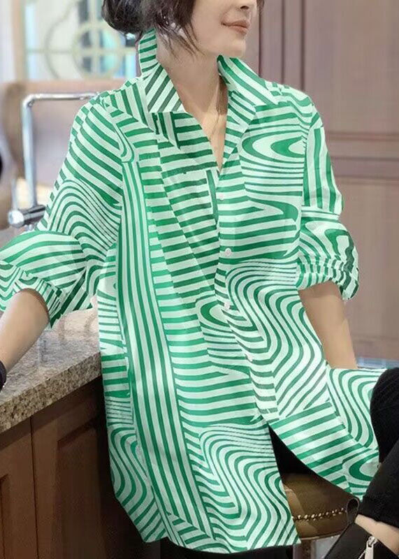 Green Peter Pan Collar Striped Chiffon Shirts Top Spring