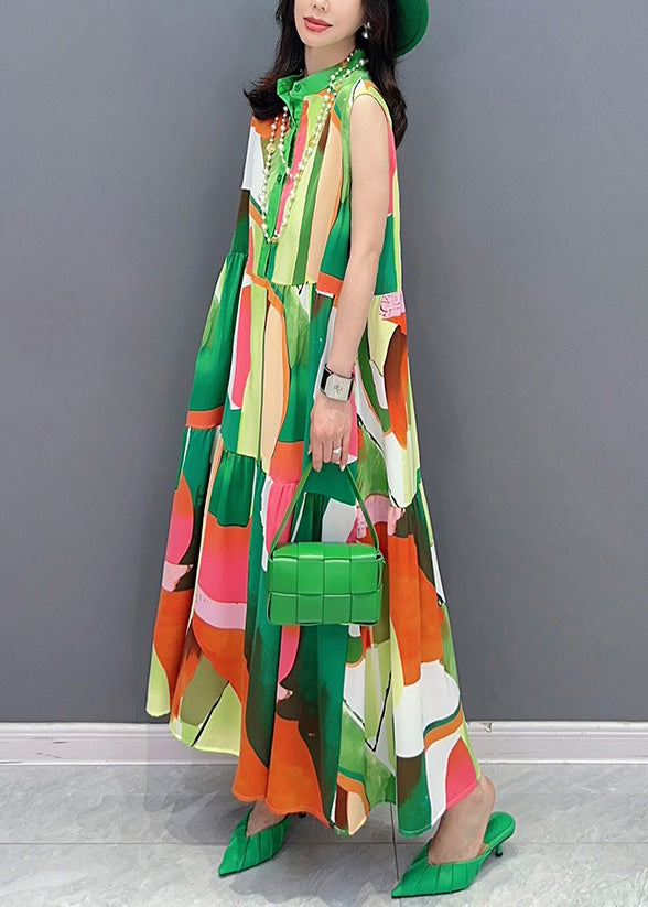 Green Print Button Vacation Maxi Dresses Sleeveless