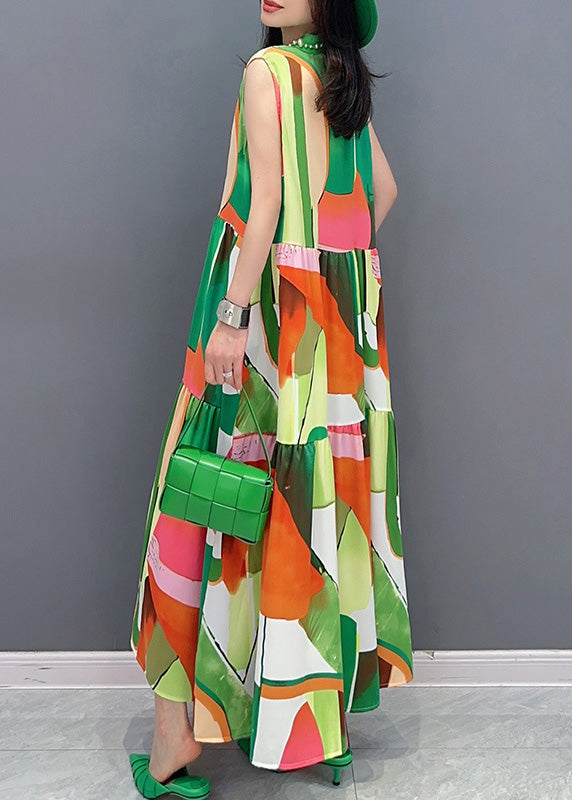 Green Print Button Vacation Maxi Dresses Sleeveless