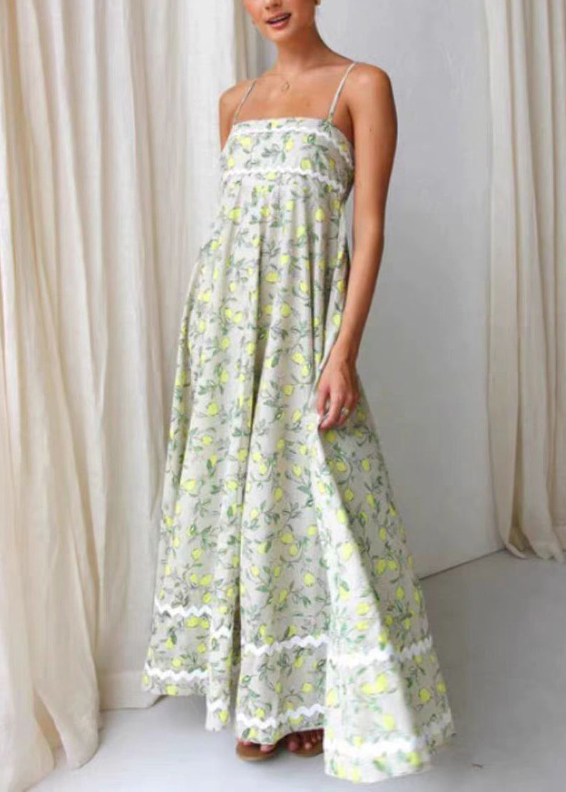 Green Print Patchwork Cotton Spaghetti Strap Dress Summer