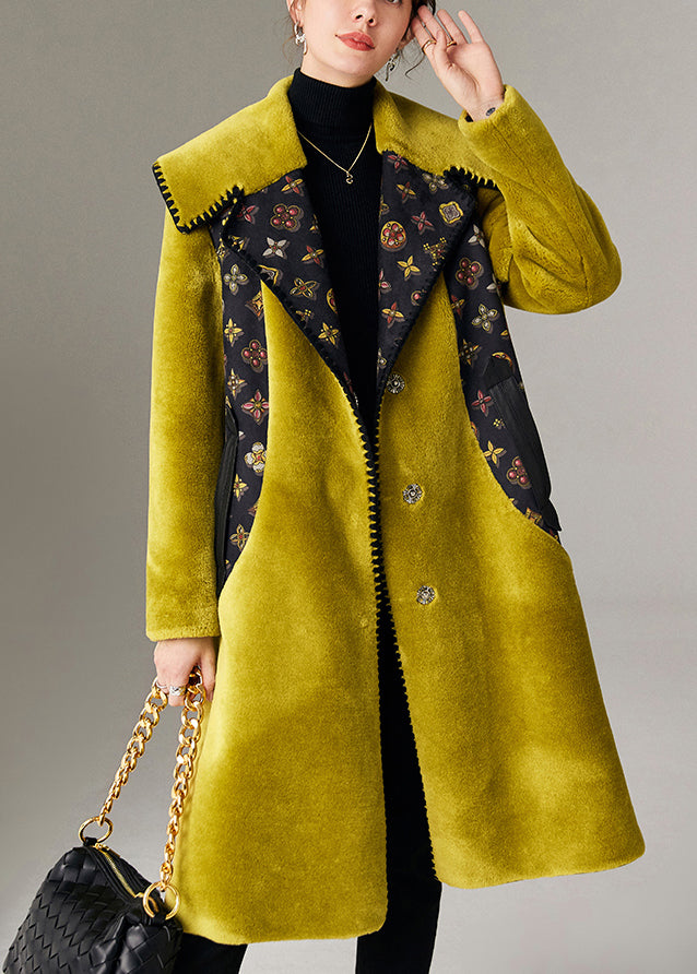 Green Print Pockets Faux Fur Woolen Coats Spring