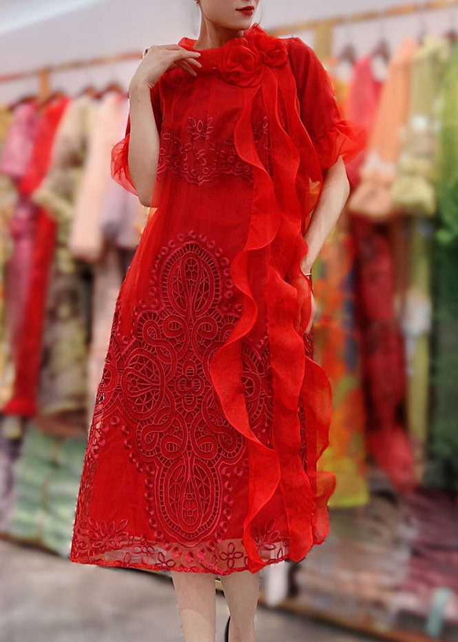 Green Ruffled Embroideried Patchwork Tulle Dresses Summer