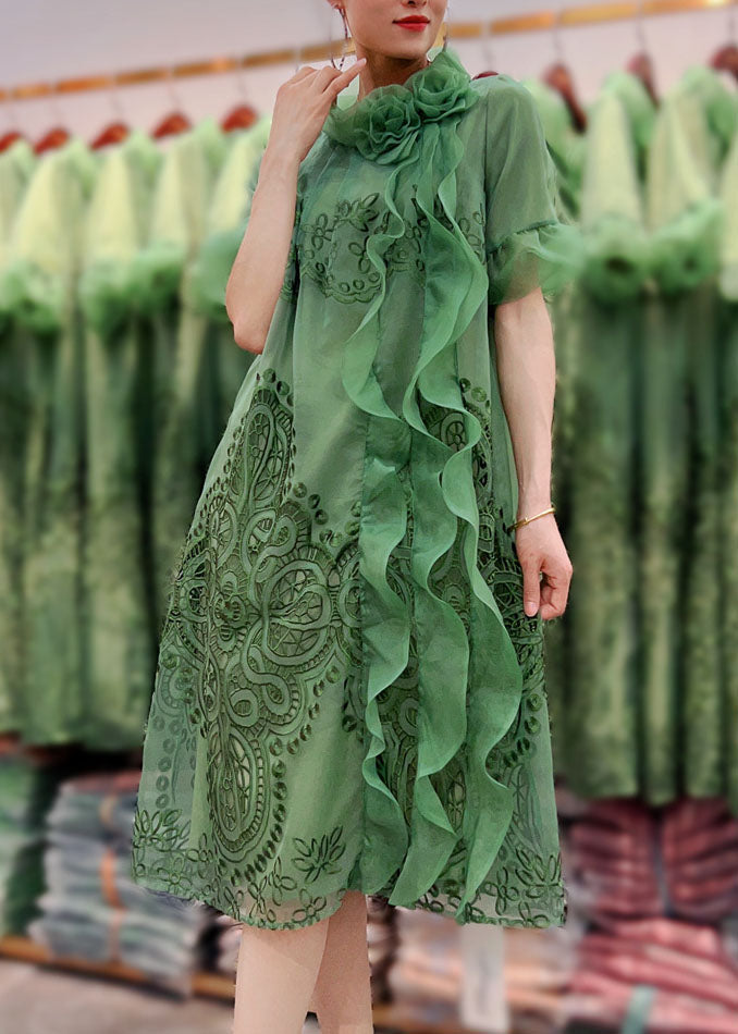 Green Ruffled Embroideried Patchwork Tulle Dresses Summer