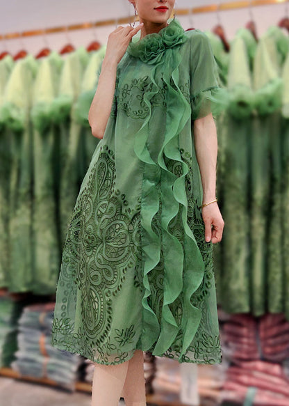 Green Ruffled Embroideried Patchwork Tulle Dresses Summer