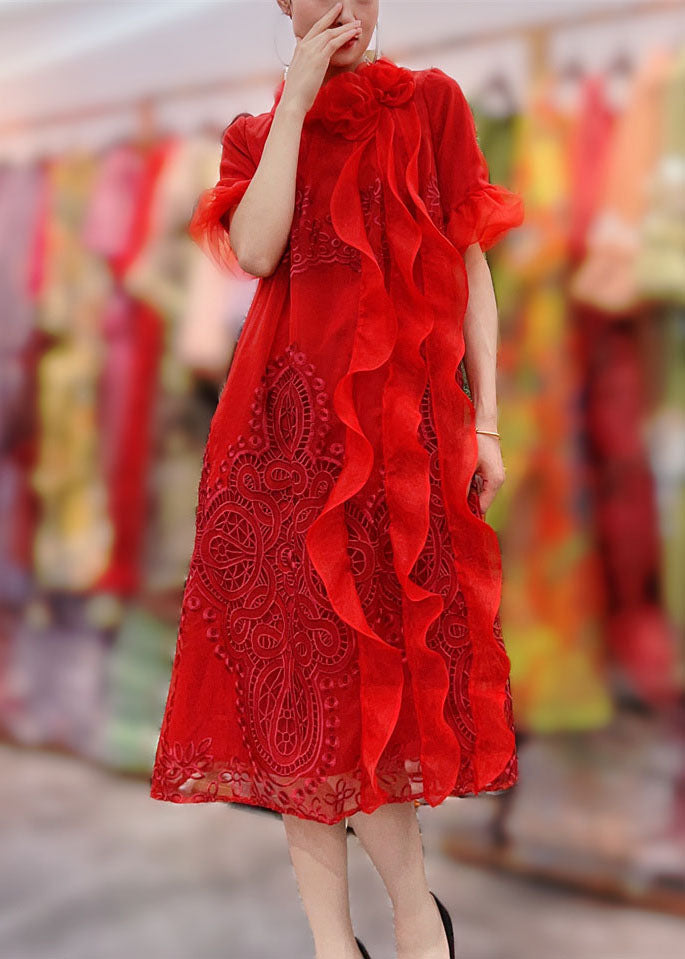 Green Ruffled Embroideried Patchwork Tulle Dresses Summer
