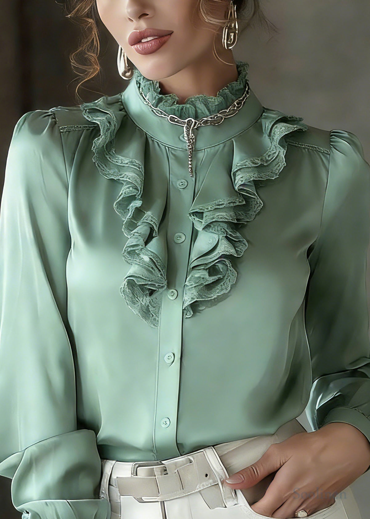 Fashion Green Ruffled Patchwork Silk Shirt Lantern Sleeve