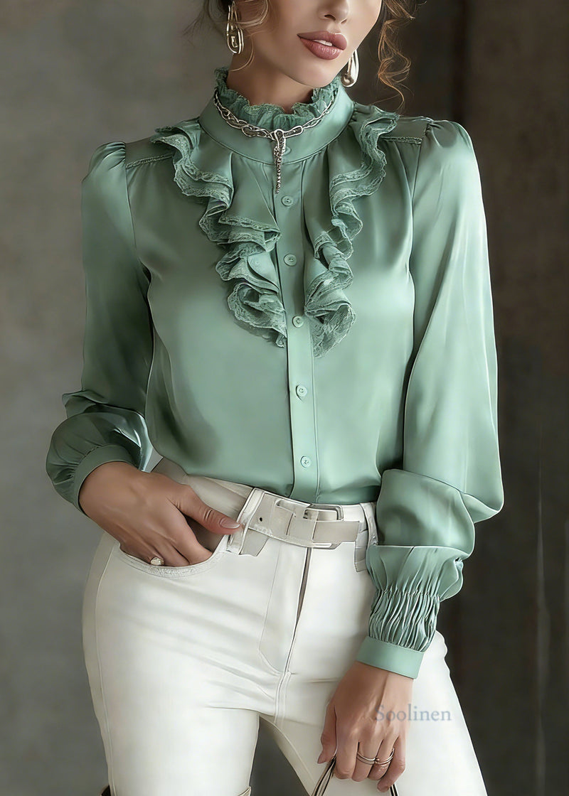 Green Ruffled Patchwork Silk Shirt Lantern Sleeve