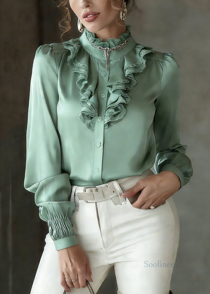 Fashion Green Ruffled Patchwork Silk Shirt Lantern Sleeve
