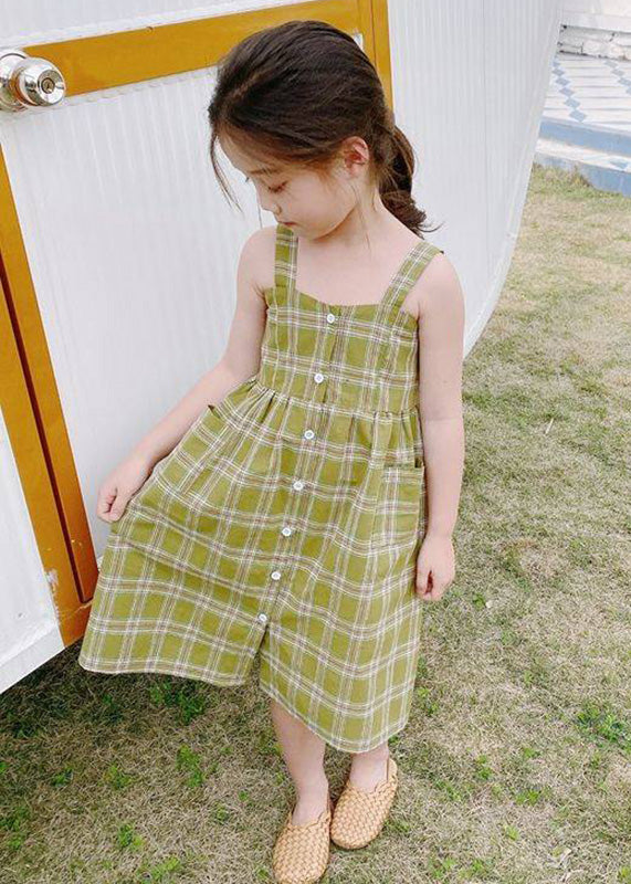 Green Square Collar Plaid Patchwork Button Long Dress Sleeveless