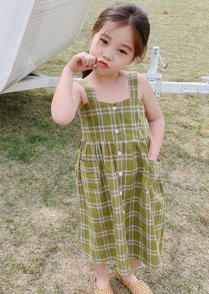 Green Square Collar Plaid Patchwork Button Long Dress Sleeveless
