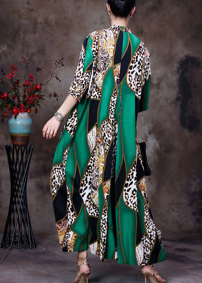 Green Stand Collar Leopard Print Button Wrinkled Silk Long Cardigans Summer