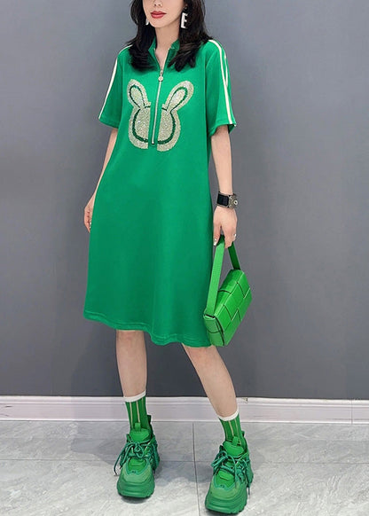 Green Stand Collar Mid Dress Summer