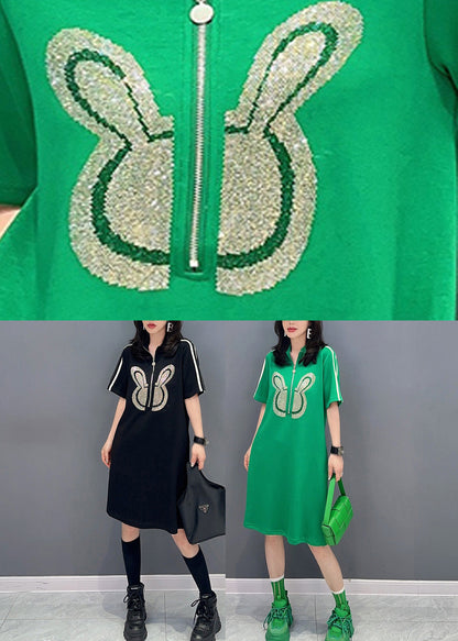 Green Stand Collar Mid Dress Summer