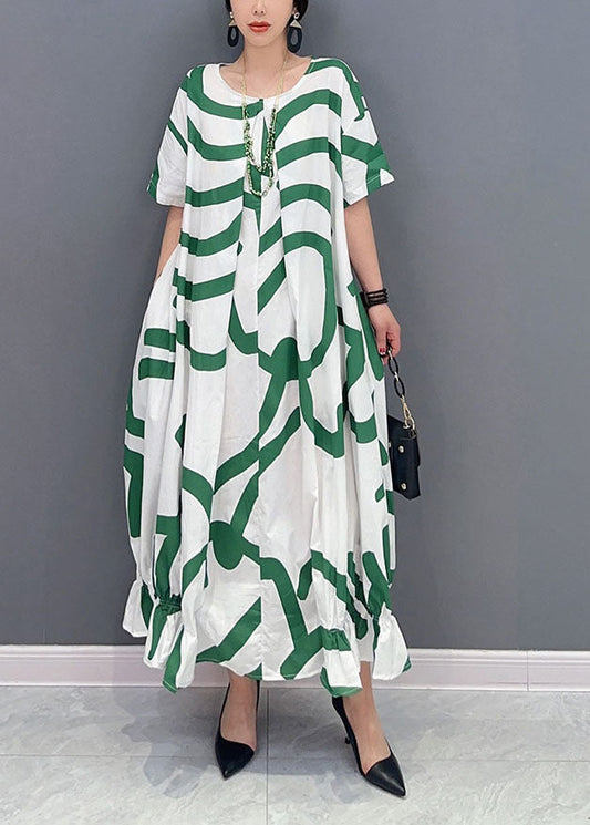Green Striped Oversized Wrinkled Cotton Maxi Dresses Summer