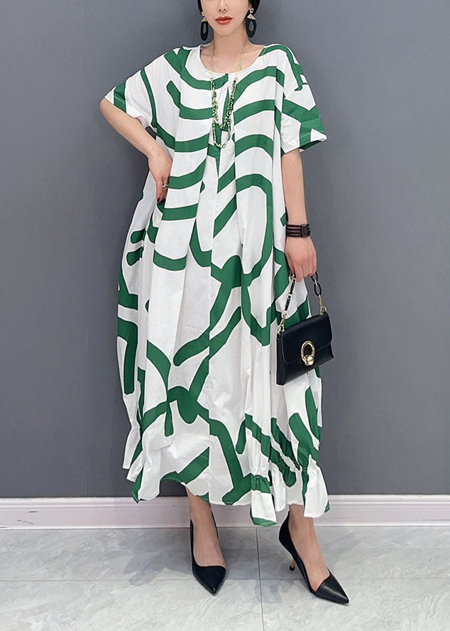 Green Striped Oversized Wrinkled Cotton Maxi Dresses Summer