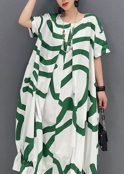 Green Striped Oversized Wrinkled Cotton Maxi Dresses Summer