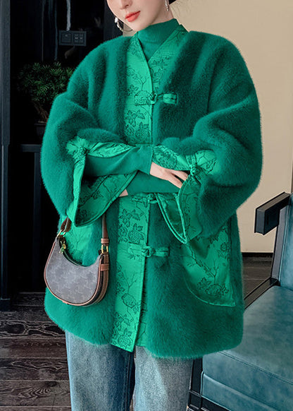 Green V Neck Button Thick Leather and Fur Coats Winter