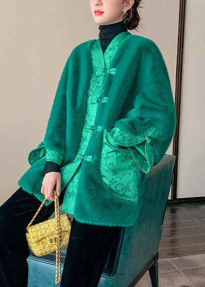 Green V Neck Button Thick Leather and Fur Coats Winter