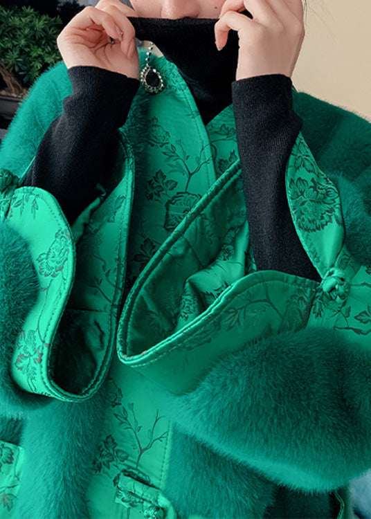 Green V Neck Button Thick Leather and Fur Coats Winter