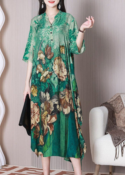 Green V Neck Oversized Print Silk a Line Dress Half Sleeve